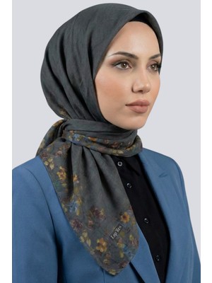 Hadiora  Kadın Gri Kenarları Çiçekli Organik Pamuk Soft Eşarp