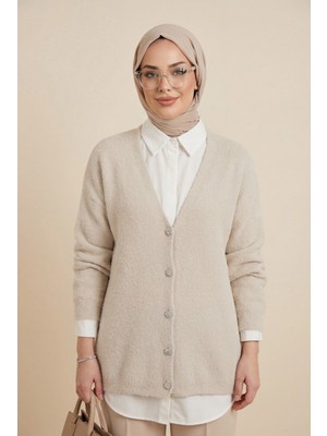 Moda Morfo Önü Düğmeli Sakallı Salaş Triko Hırka     -Taş