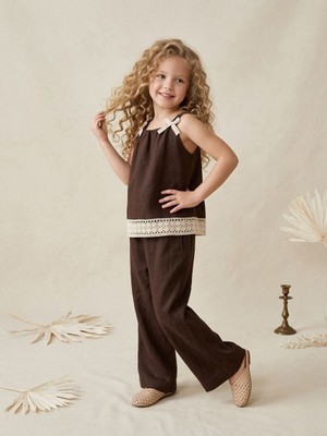 Kidsroom Kız Çocuk Brode Detaylı Keten Bluz Pantolon 2 Li Takım