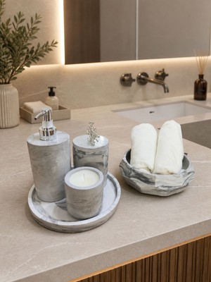 Bee Candle Home Gri Mermer Desenli 6'lı Büyük Kaseli Banyo Seti - Gümüş Renk Pompa Toka