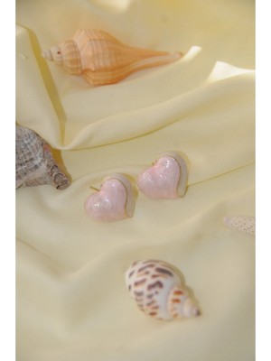 İpar Aksesuar Dolgu Kalp Metal Gold Fuşya Krem Küpe