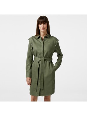 Lacoste Kadın Relaxed Fit Uzun Kollu Gömlek Yaka Haki Elbise