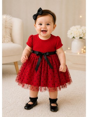 Lina Baby Bloomm Kız Bebek Kırmızı Puantiyeli Tüllü Elbise Siyah Fiyonk Detaylı Şık Abiye