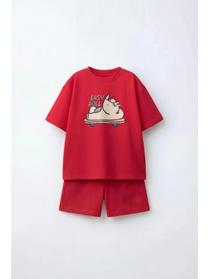 Magu Erkek Çocuk Pamuklu Gergedan Baskılı Kırmızı T-Shirt Şort Takım