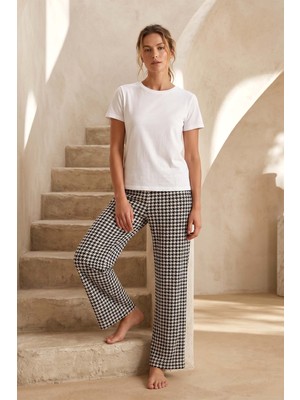 Remsa Büyük Beden Kadın Viskon Kumaş Kazayağı Desen Penye Battal Tek Pijama Alt 20 SIYAH05