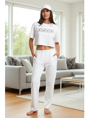 Moda Şahsenem Moda Kadın Beyaz Baskılı Crop T-Shirt Pantolon Takım Rahat Günlük Spor Şık Ikili Set
