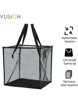 Vusign Vusıgn Katlanabilir File Kirli Çamaşır Sepeti 33X33X33 cm Siyah Rengi Taşınabilir Çamaşır Çantası