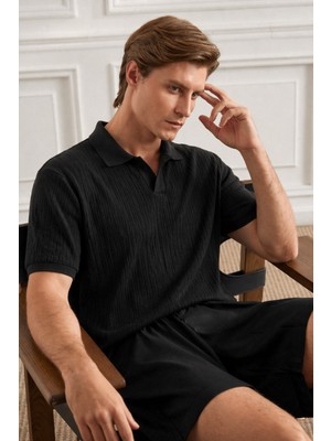 Tarz Cool Erkek Jakar Desenli Düğmesiz Polo Yaka Tişört Slim Fit Yazlık Triko Tişört