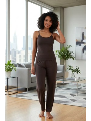 Moda Şahsenem Moda Kadın Kahve Ip Askılı Atlet Yumuşak Dokulu Minimal Basic Günlük Üst