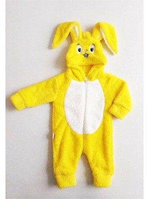 Unisex Sarı Tavşan Nakışlı Peluş Tulum