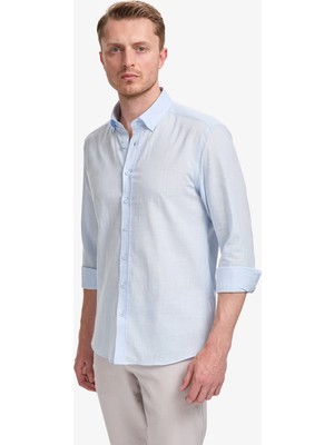 Pierre Cardin Erkek Açık Mavi Keten Görünümlü Slim Fit Uzun Kollu Gömlek 50325355-VR003