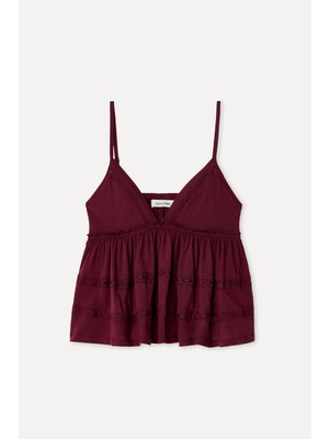 Mudo Kadın Bordo Fırfırlı Loose Fit V Yaka Kolsuz Bluz