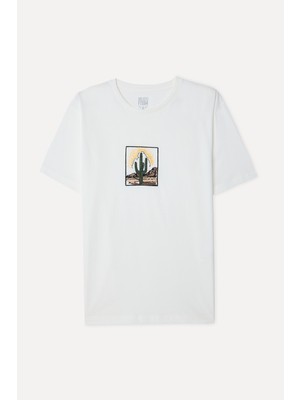 Mudo Erkek Taş Rengi Nakışlı Oversize Bisiklet Yaka T-Shirt
