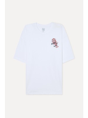 Mudo Erkek Beyaz Baskılı Oversize Bisiklet Yaka T-Shirt