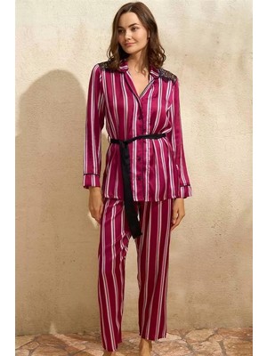 Moda Şahsenem Saten Çizgili Düğmeli Uzun Kol Dantelli Gömlek ve Pantolon Pijama Takım (9765)