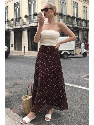 Madmext Kahverengi Minimal Puantiye Desen Şifon Astarlı Etek MG2821