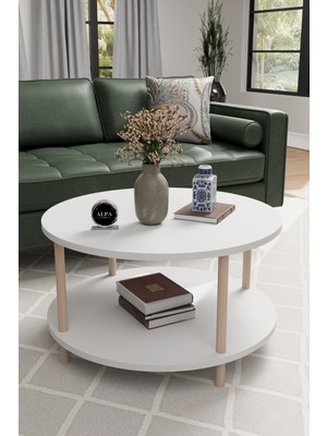 Modern Çift Katlı 60 cm Orta Sehpa Yuvarlak Ahşap Ayaklı Salon Sehpası