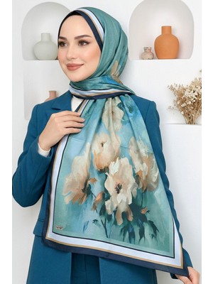 Hadiora Kadın Lacivert Su Yeşili Çiçek Desenli Soft Şal