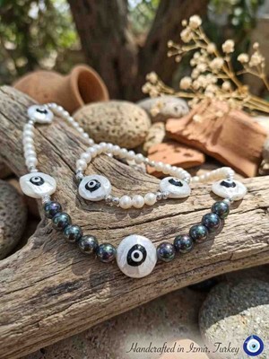 Shine Elagance Doğaltaş Orijinal Siyah Inci Orijinal Nazar Boncuklu Inci Kapamaları Çelik Kolye ve Bileklik Takım Hediyelik