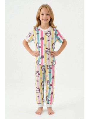 Bunny Hopp %100 Pamuk Yazlık Kısa Kollu Unicorn ve Kedi Desenli Kız Çocuk Pijama Takımı