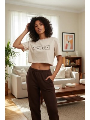 Moda Şahsenem Moda Kadın Kum Kahve Baskılı Crop T-Shirt Pantolon Takım Rahat Günlük Spor Şık Ikili Set