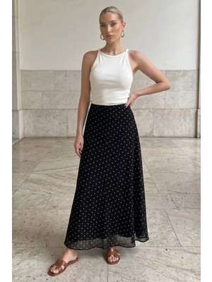 Madmext Siyah Minimal Puantiye Desen Şifon Astarlı Etek MG2821