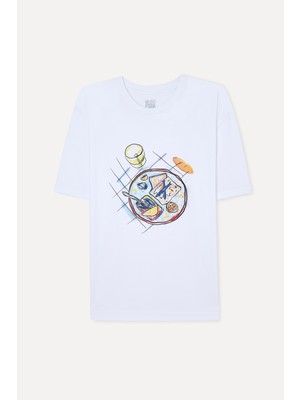 Mudo Erkek Beyaz Baskılı Oversize Bisiklet Yaka T-Shirt