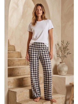 Remsa Büyük Beden Kadın Ekose Viskon Kumaş Penye Battal Tek Pijama Alt 22 Bej