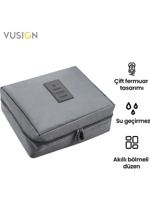 Vusign Kozmetik Saklama Çantası Seyahat Makyaj Üstten Açılır Organizer Çanta 21X8X18 cm Gri