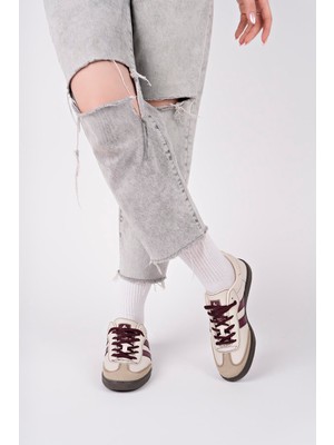 Homiro Unisex Bağcıklı Spor Sneaker Ayakkabı Bej-Bordo Suni Deri Tabanlı Rahat Kullanım