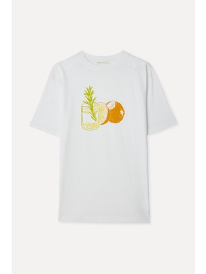 Mudo Kadın Kırık Beyaz Baskılı Bisiklet Yaka T-Shirt