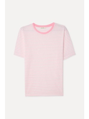 Mudo Kadın Pembe Çizgili Loose Fit Bisiklet Yaka T-Shirt