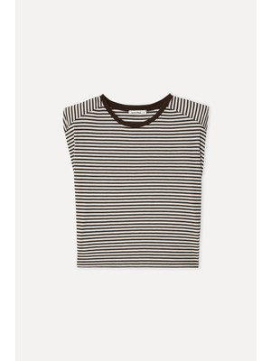 Mudo Kadın Kahverengi Çizgili Bisiklet Yaka T-Shirt