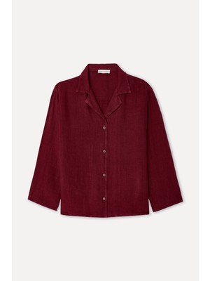 Mudo Kadın Bordo Oversize Resort Yaka Keten Gömlek