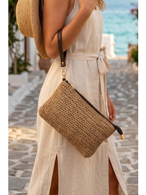 Vivazzaluxe Doğal Hasır Örme Orta Boy Kadın Yazlık Portföy Clutch Çanta