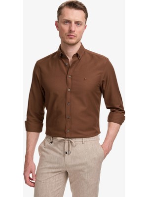 Pierre Cardin Erkek Koyu Kahverengi Oxford Slim Fit Kolay Ütülenebilir Gömlek 50325365-VR084