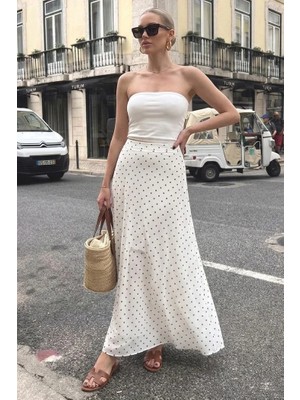 Madmext Beyaz Minimal Puantiye Desen Şifon Astarlı Etek MG2821