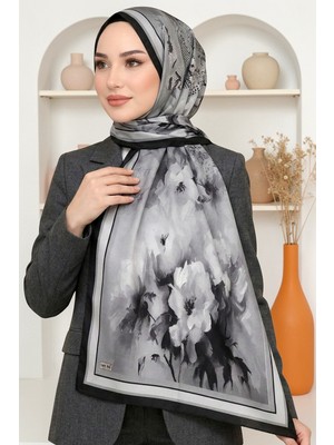 Hadiora Kadın Siyah Gri Çiçek Desenli Soft Şal