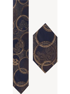 Ysf Erkek Lacivert Kahve Desenli Kravat Mendillii Set