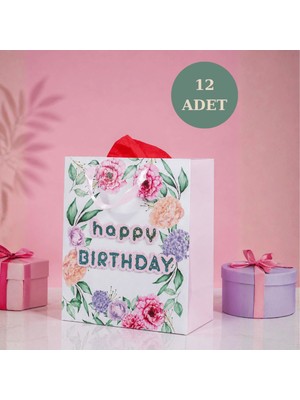 Sarkap 12'li 32X26X14 cm Özel Tasarım Çiçekli Happy Birthday Hediyelik Karton Çanta