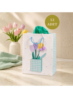 Sarkap 12'li 23X18X10 cm Özel Tasarım Mavi Saksı Desenli Hediyelik Karton Çanta