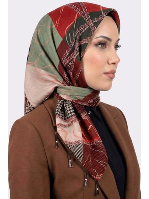 Hadiora Kadın Haki Kırmızı Zincir Desenli Inci Boncuklu Yazma