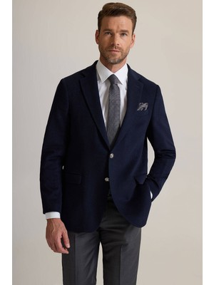 Ysf Erkek Lacivert Regular Fit Mono Yaka Puntolu Yün-Kaşmir Karışımlı Blazer Ceket