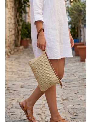 Vivazzaluxe Doğal Hasır Örme Orta Boy Kadın Yazlık Portföy Clutch Çanta