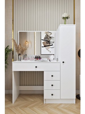 Ases Mobilya CMT450 Aynalı Boy Dolaplı Çekmeceli Makyaj Masası Modern Tasarım Beyaz