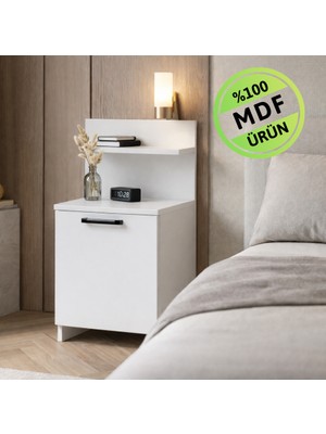 Eng Ahşap Efe Modern Beyaz Komodin – Raflı Çok Amaçlı Yatak Yanı Dolabı