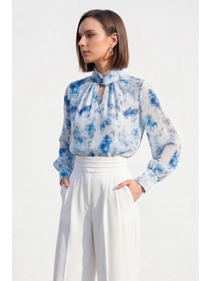 Sateen Çiçek Desenli Bluz - Mavi
