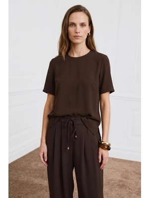 Sateen Kısa Kollu Bluz - Kahve