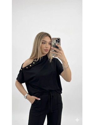 Shine & Style Islana Omuz Düğmeli Modal Kumaş Takım Siyah