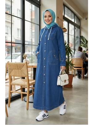 Harma Time Butik Kadın Cepli Düğmeli Kapüşonlu Koyu Mavi Trençkot